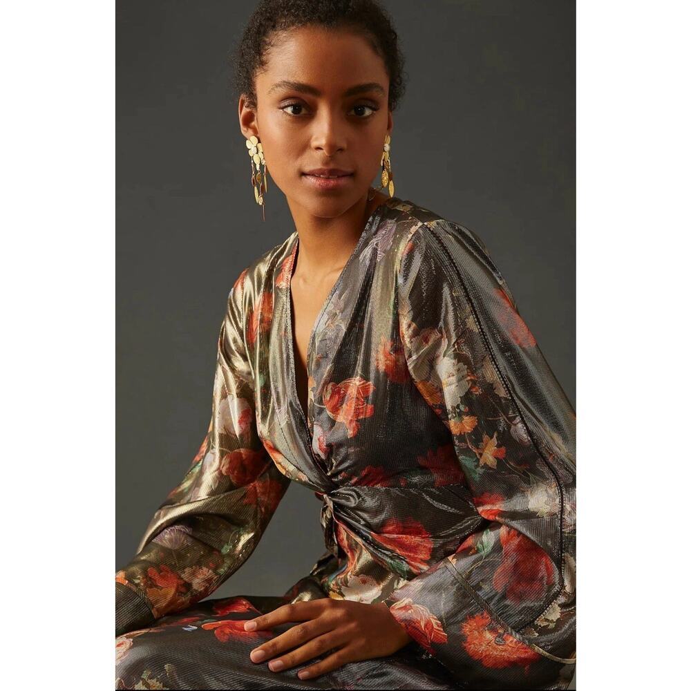 NWT Anthropologie Caballero Deep V Maxi Dress Large Floral Shimmer Fabric New - Picture 3 of 10
